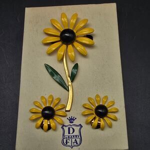 Dubarry Enamel Flower Brooch Earrings Set Yellow Black Eyed Susan Vintage NOS